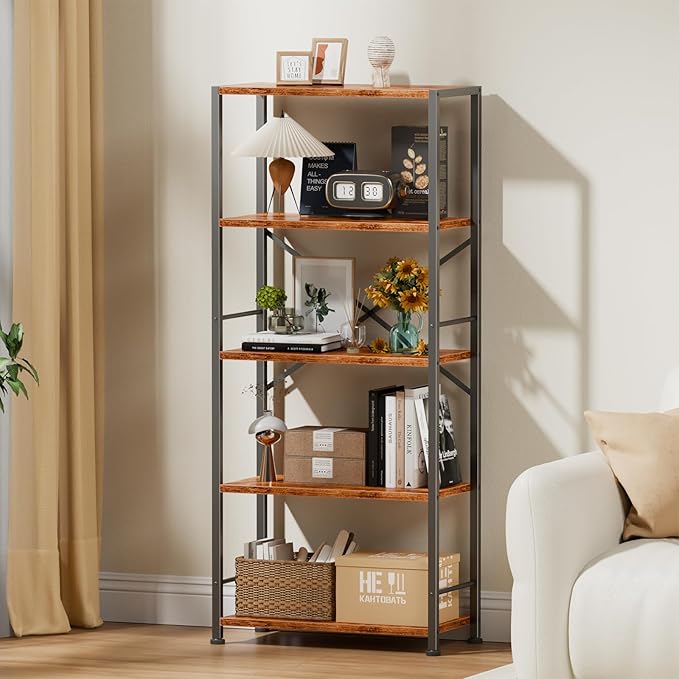 Furologee 5 Tier Book Shelf, Tall Wide Bookshelf, Industrial Open Bookcase, Display Shelves Storage Organizer, Shelving Unit for Living Room, Home Office, Bedroom, Rustic Brown