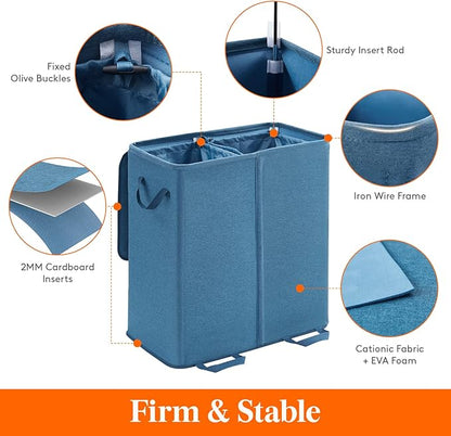 Lifewit Double Laundry Hamper with Lid and Removable Laundry Bags, Large Collapsible 2 Dividers Dirty Clothes Basket with Handles for Bedroom, Laundry Room, Closet, Bathroom, College, 136L Blue