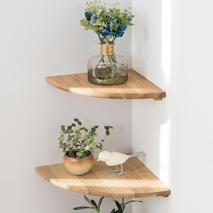 Conamily Corner Shelves, Floating Corner Shelf, Set of 2 Solid Oak Wood Wall Shelves, Round End Wall Mount with Wire Hole Shelving for Small Plant for Bedroom Kitchen, Living Room 8.7“