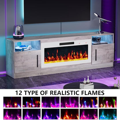 PRETZI Fireplace TV Stand with 36" Fireplace Up to 80" TVs, 70" Entertainment Center with LED Lights,Remote Control, TV Media Console with Storage Cabinets for Living Room,White+Grey