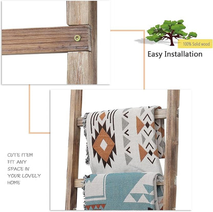 FUIN 6.4ft Extra Wide Wooden Blanket Ladder Living Room Decorative Wal Leaning Farmhouse Quilt Display Holder Rustic Wood Towel Rack for Bathroom, Burnt Brown, 24 inch Wide