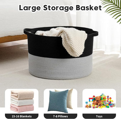 Foldable Laundry Hamper Basket with Collapsible Handle Cotton Rope Soft Woven Fabric Storage Organizer Clothes Toys Nursery Bedroom Dorm Space Saving Bin (Black & Grey, 115L(23.6"D x 15.7"H))