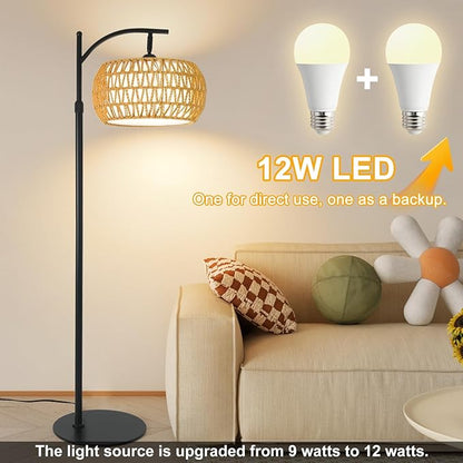 Boho Rattan Floor Lamp with Shade – 12W Bright Dimmable LED Bulb, Remote Control 3 Color Temperatures, Modern Farmhouse Handwoven Arc Standing Light for Living Room Bedroom