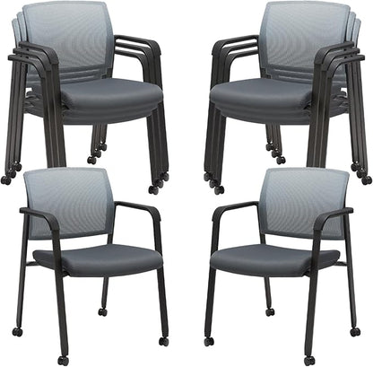 CLATINA Mesh Back Stacking Arm Chairs with Upholstered Fabric Seat and Ergonomic Lumbar Support for Office School Church Guest Reception (WithWheels Gray- 8 Pack)