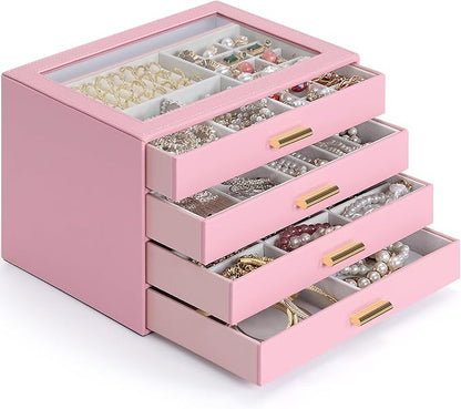 AKOZLIN Jewelry Box with Clear Lid Functional Leather Jewelry Storage Organizer Case 4 Drawers for Women Girls Necklace Ring Bracelet Earring