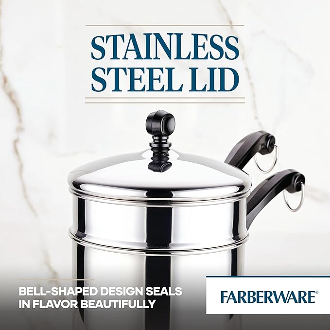 Farberware Classic Series Stainless Steel Double Boiler and Saucepan with Lid, Double Boilers For Stove Top, 2-Quart