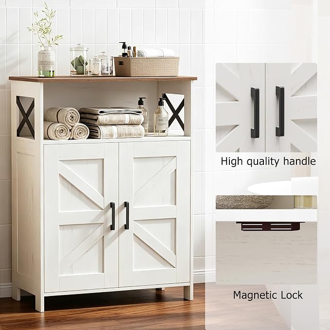 Homhedy Farmhouse Bathroom Storage Cabinet with 2 Doors, Toilet Paper Cabinet with Adjustable Shelf, Small Bathroom Cabinet for Laundry/Living Room, 11.8 x 23.6 x 31.5 Inches, Rustic White and Brown
