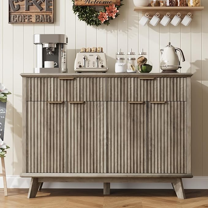 QUW Fluted Buffet Sideboard Cabinet with Storage, 47.2" Kitchen Cabinet with Drawers and Adjustable Shelves, Modern Coffee Bar with Charging Station, for Dining Room, Living Room, Grey