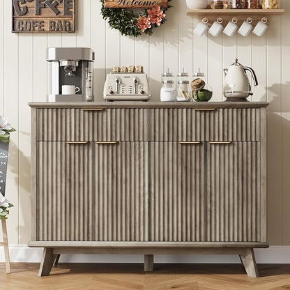 QUW Fluted Buffet Sideboard Cabinet with Storage, 47.2" Kitchen Cabinet with Drawers and Adjustable Shelves, Modern Coffee Bar with Charging Station, for Dining Room, Living Room, Grey