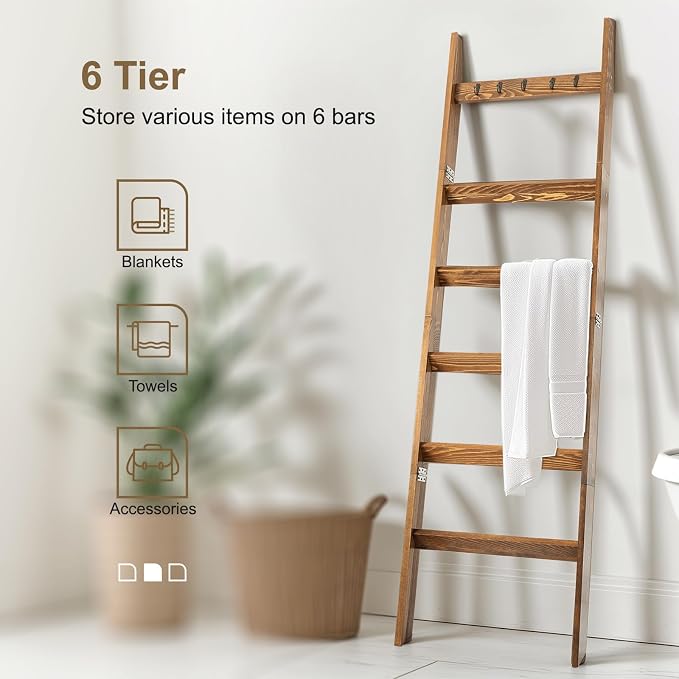 TEAKMAMA 6-Tier Blanket Ladder for Living Room and Bedroom,5.4 Ft Wall Leaning Quilt Rack with Hooks,Rustic Decorative Farmhouse Blanket Storage,Stylish Ladder Holder,Christmas Decorations,Honey Brown
