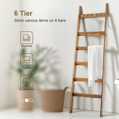 TEAKMAMA 6-Tier Blanket Ladder for Living Room and Bedroom,5.4 Ft Wall Leaning Quilt Rack with Hooks,Rustic Decorative Farmhouse Blanket Storage,Stylish Ladder Holder,Christmas Decorations,Honey Brown
