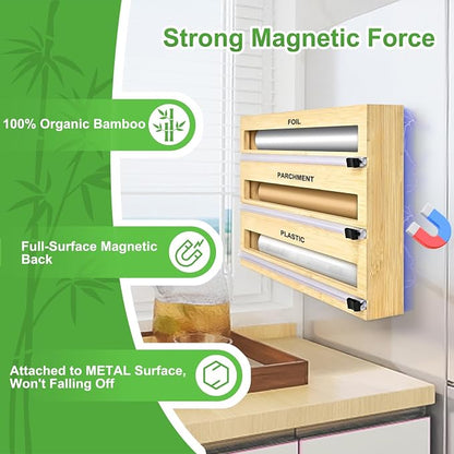 MSJGA Magnetic Plastic Wrap Dispenser with Cutter, 3 in 1 Refrigerator Bamboo Organizer for Tin Foil, Baking Paper, Wax Paper Holder Kitchen Storage Box Compatible