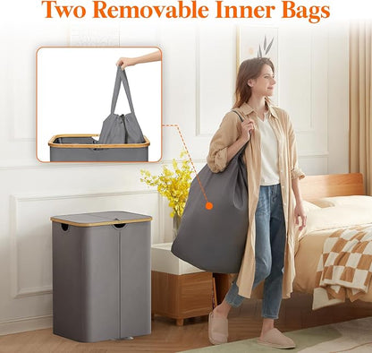 Lifewit 150L Double Laundry Hamper with Lid, Large Laundry Basket with Removable Bag & Bamboo Handles, Fodable Tall Dirty Clothes Hamper for Laundry Collapsible Bin for Bathroom Bedroom, Charcoal Gray