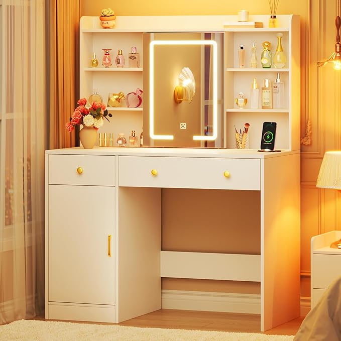 37.4" Vanity Desk with Mirror and Lights, Makeup Vanity with LED Sliding Mirror, 3-Color Lights, USB/Type-C Charging, White Vanity Desk with Storage Cabinet, 2 Drawers & 6 Shelves for Bedroom