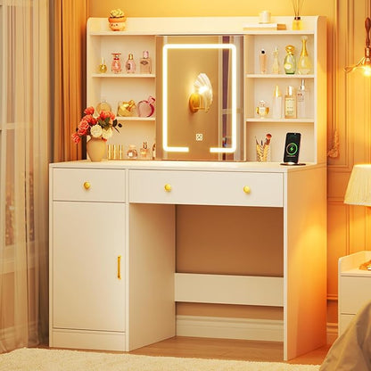 37.4" Vanity Desk with Mirror and Lights, Makeup Vanity with LED Sliding Mirror, 3-Color Lights, USB/Type-C Charging, White Vanity Desk with Storage Cabinet, 2 Drawers & 6 Shelves for Bedroom
