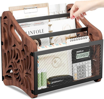 Magazine Holder,3-Compartment Magazine Rack Floor,Wood Magazines File Holder Organizer,Rustic Magazines Storage Basket for Books,Newspapers,Mails,Files