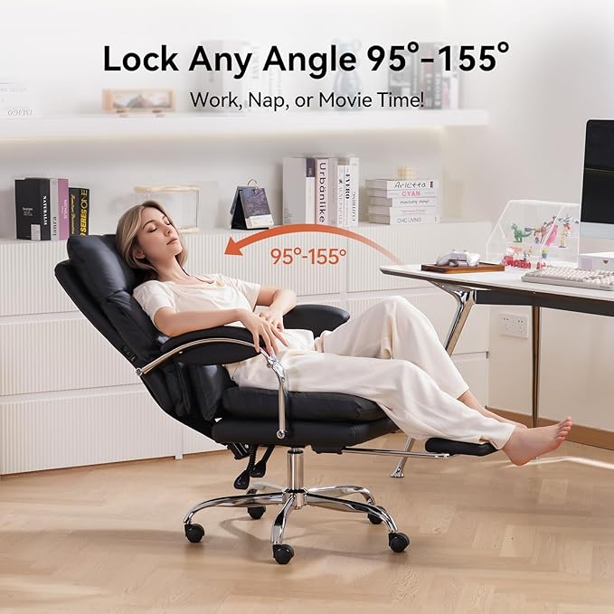 LEAGOO Heated Massage Office Chair with Foot Rest, Reclining Ergonomic Executive Office Chair with Massager for Lower Back, High Back PU Leather Comfy Heated Computer Desk Chair with Arms, Black