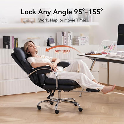 LEAGOO Heated Massage Office Chair with Foot Rest, Reclining Ergonomic Executive Office Chair with Massager for Lower Back, High Back PU Leather Comfy Heated Computer Desk Chair with Arms, Black