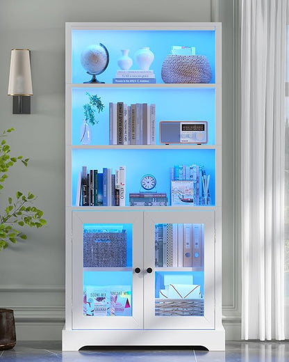 TVU 5-Tier Bookshelf, 65" Bookshelf with Multi-Color Ambient Lights (APP Remote Control), Tall Vertical Display Shelf with Cabinet Doors, Suitable for Living Room, Bedroom, Study, Office, White