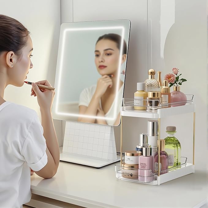2 Tier Bathroom Counter Organizer, Removable Clear Tray Vanity Shelf for Makeup, Perfume, Skincare,Slide out Cosmetics Countertop Storage Rack for Bathroom Dresser，White