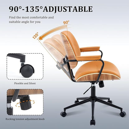 BV Mid Century Modern Office Chair Set of 1, Swivel Rolling Deak Chair with Armrests and Walnut Back, Adjustable Desk Chair for Home Office, Brown