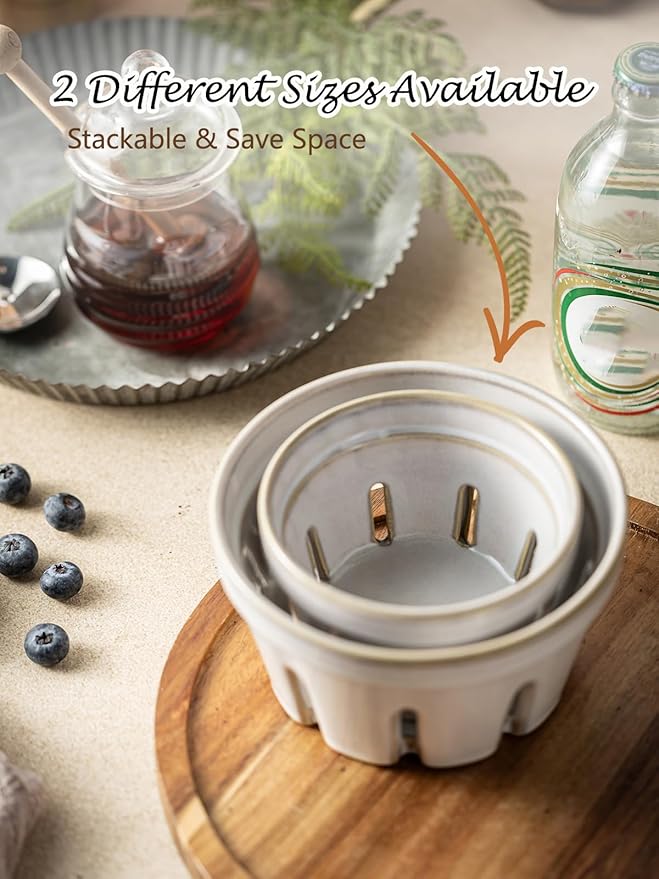 Gomakren Fruit Basket for Kitchen, Fruit Bowl with Holes, Ceramic Berry Basket Set of 2, 5.8 Inch Round Berry Containers Colander - Farmhouse Kitchen Decor, White