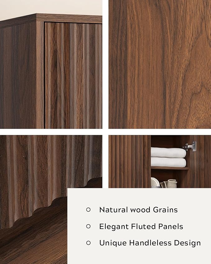 Fluted Wall Cabinet, Modern Medicine Cabinet Bathroom with Doors and Adjustable Shelf Towel Rack Wood Storage Cabinet for Kitchen Dining Room Living Room, Brown