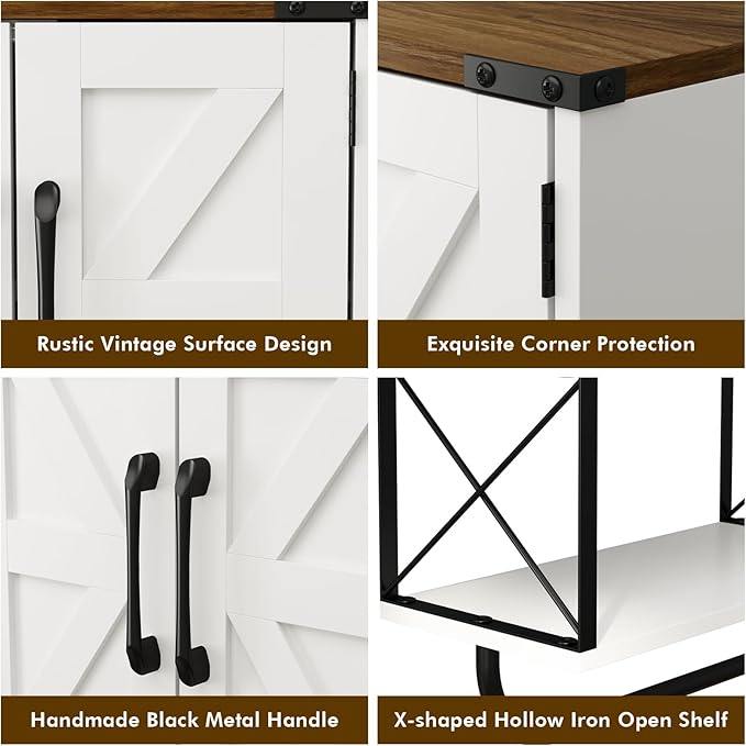 RUSTOWN Farmhouse Medicine Cabinet with 2 Barn Door, Boho Wood Wall Mounted Storage Cabinet with Adjustable Shelf and Towel Bar, 3-Tier Bathroom Cabinet for Bathroom (White and Walnut)