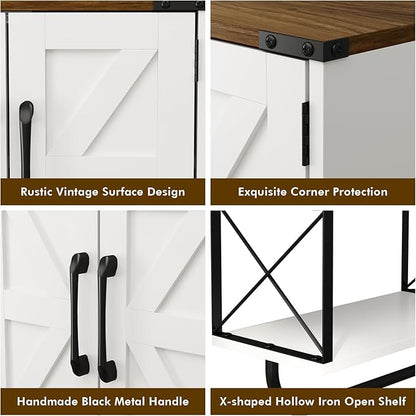 RUSTOWN Farmhouse Medicine Cabinet with 2 Barn Door, Boho Wood Wall Mounted Storage Cabinet with Adjustable Shelf and Towel Bar, 3-Tier Bathroom Cabinet for Bathroom (White and Walnut)