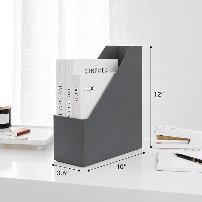 BLU MONACO | Set of 6 Foldable Grey Magazine File Holders with Gold Label Holders | Vertical File Organizer Boxes for Desk, Bookshelf & Home Office Storage