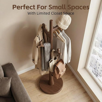 Uniclinens Coat Rack Freestanding Solid Wood Coat Tree Standing with 4 Hooks, Coat Rack Stand Creative Tree Branch-look (Walnut)
