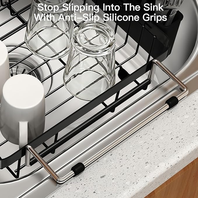 MAJALiS Dish Drying Rack Over The Sink with Utensil Holder, Mat | Expandable Stainless Steel Dish Drainer for Small Kitchen, Apartment, RV, Counter Space Saving, Perfect Fit, Rustproof
