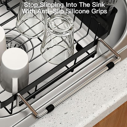 MAJALiS Dish Drying Rack Over The Sink with Utensil Holder, Mat | Expandable Stainless Steel Dish Drainer for Small Kitchen, Apartment, RV, Counter Space Saving, Perfect Fit, Rustproof