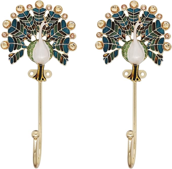 Vintage Peacock Decorative Wall Hooks Rack Hangers for Hanging Clothes Coats Towels Keys Hats, 2 Pack Antique Metal Mounted Wall Hook