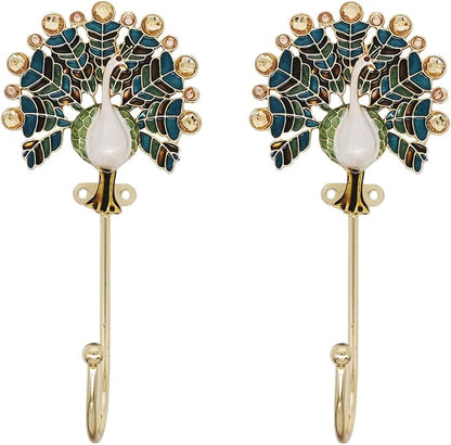 Vintage Peacock Decorative Wall Hooks Rack Hangers for Hanging Clothes Coats Towels Keys Hats, 2 Pack Antique Metal Mounted Wall Hook