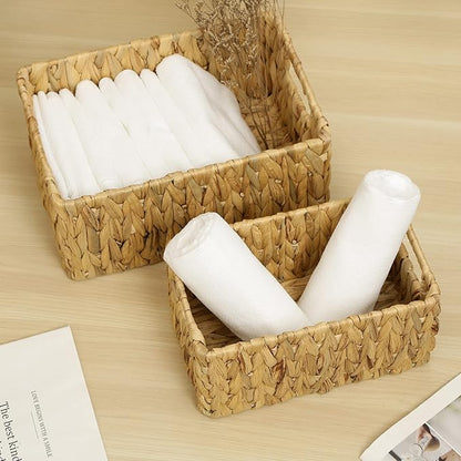 HOONEX Water Hyacinth Storage Baskets, Wicker Baskets for Storage, Hand Woven Baskets with Carry Handles, Set of 2, Natural
