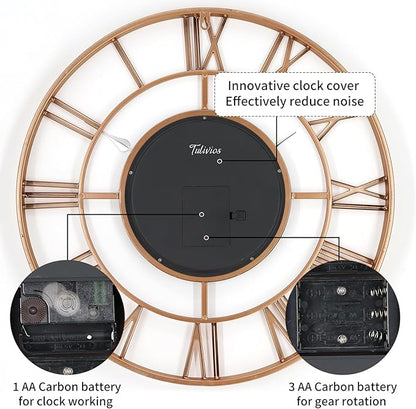 24 Inch Large Wall Clocks for Living Room Decor with Moving Gears,Large Wall Clock Industrial Steampunk,Oversized Metal Analog Wall Clocks for Farmhouse Home Battery Operated