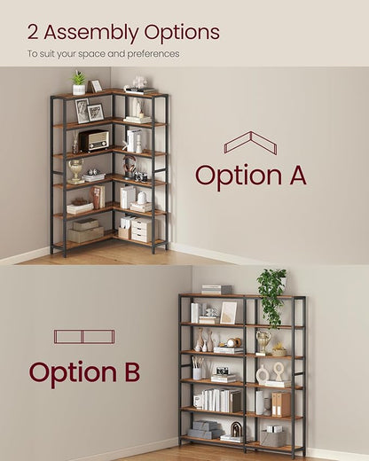 VASAGLE 6 Tier Bookshelf with Metal Frame, Convertible Industrial Corner Shelf, 9.4 x 52.8 x 69 Inches, for Living Room, Bedroom, Home Office, Rustic Brown and Ink Black ULLS806K01
