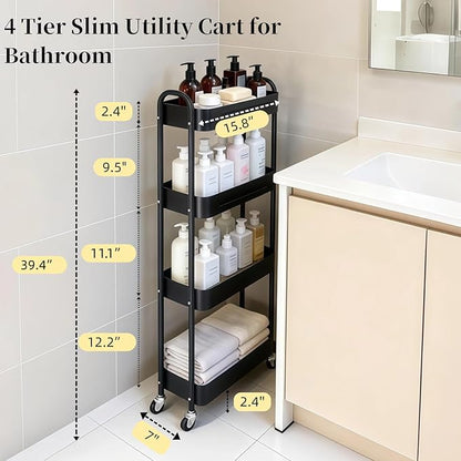 LIWNYRK 4 Tier Slim Storage Cart with Wheels for Laundry Room Between Washer and Dryer, 7.1'' Narrow Rolling Cart with Wheels and Lockable Casters, Metal Thin Standing Shelf for Small Space, Black