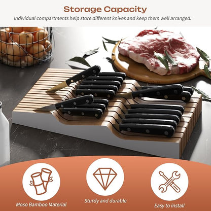 In-Drawer Knife Block Organizer - Bamboo Wood Drawer Knife Organizer-Protecting Knife Organizer Block (Not Included) (White, 19 Knives Dock)