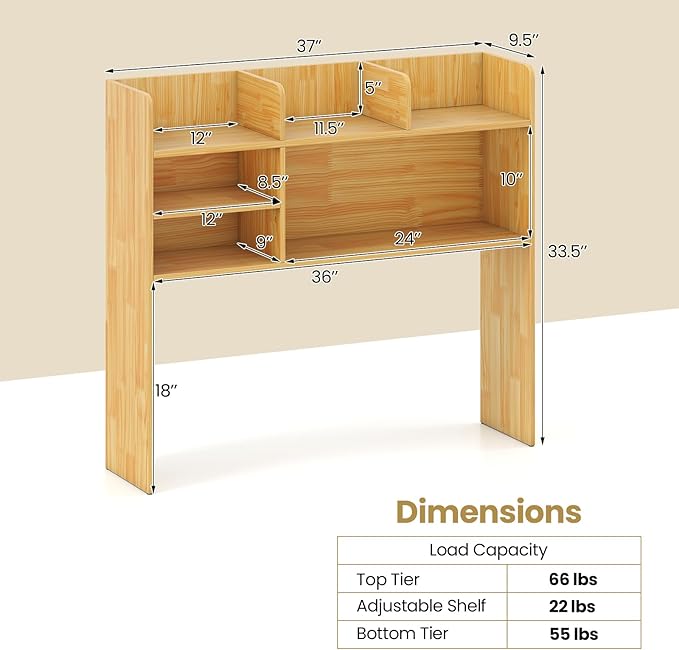 Desk Hutch, Desktop Shelf with 6 Shelves, Desk Bookshelf w/Anti-Toppling Devices, Wood Table Top Bookshelf Organizer, Small Desk Shelf for Study, Office, Dorm (Burlywood, 6 Shelves)