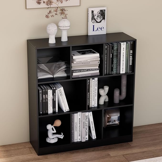 Black Bookshelf, Wooden Bookshelf with Base, Cube Storage Organizer, Bookcase for Living Room,Bedroom,Study and Office (Black, 8-Cube)