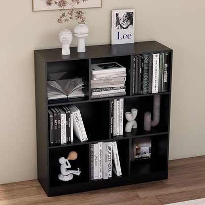 Black Bookshelf, Wooden Bookshelf with Base, Cube Storage Organizer, Bookcase for Living Room,Bedroom,Study and Office (Black, 8-Cube)