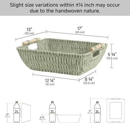 StorageWorks Extra Large Wicker Storage Basket for Organizing with Wooden Handles, Toilet Paper Baskets for Shelf, Bosana Green, 2-Pack