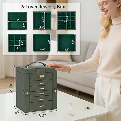 AKOZLIN 6-Tier Jewelry Box Organizer Functional 5 Drawers Leather Jewelry Storage Case for Women Girls Ring Necklace Earring Bracelet Holder Organizer with Mirror DrakGreen Regular