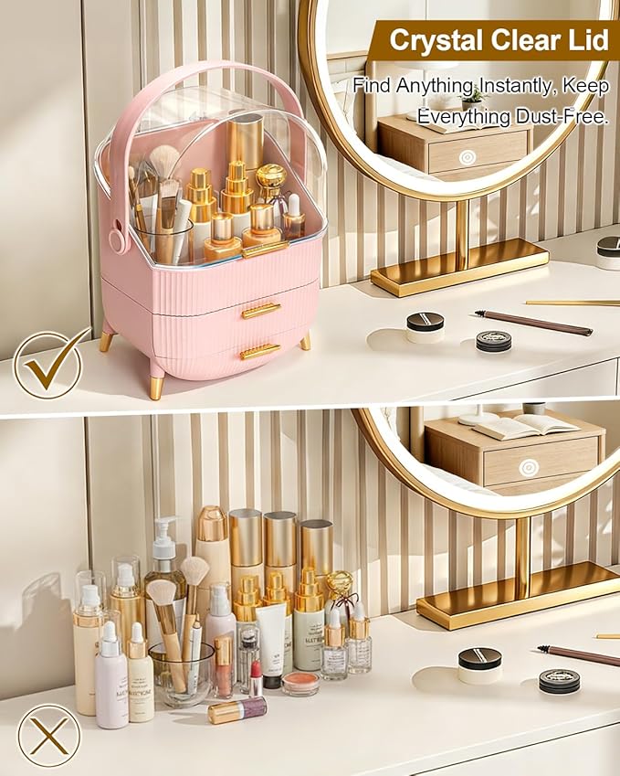 Makeup Organizer and Storage for Bathroom Vanity Countertop, Portable Travel Cosmetic Display Cases with Lid and Drawers, Gift for Women and Girls -Pink