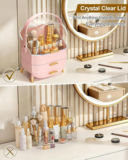 Makeup Organizer and Storage for Bathroom Vanity Countertop, Portable Travel Cosmetic Display Cases with Lid and Drawers, Gift for Women and Girls -Pink