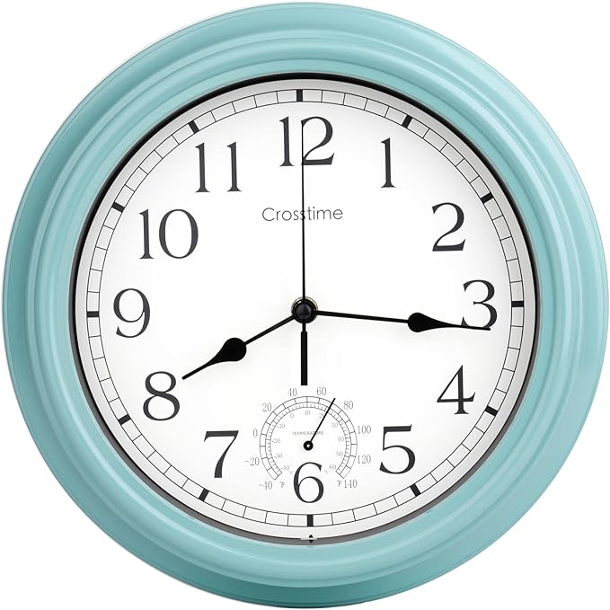 12 Inch Outdoor Clock Waterproof with Thermometer,Vintage Indoor Outdoor Wall Clocks for Patio, Pool, Garden, Bathroom Wall Decor - Teal