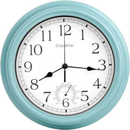 12 Inch Outdoor Clock Waterproof with Thermometer,Vintage Indoor Outdoor Wall Clocks for Patio, Pool, Garden, Bathroom Wall Decor - Teal