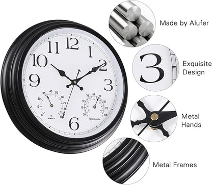 15 Inch Outdoor Clock, Black Metal-Frame Outdoor Clocks Waterproof, Silent Outdoor Wall Clock for Garden Patio Pool